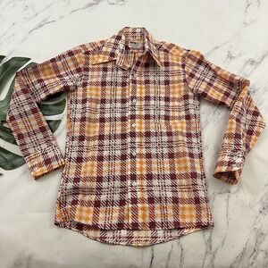 Montgomery Ward Womens Vintage 70s Button Up Shirt Size M Yellow Red Plaid Funky